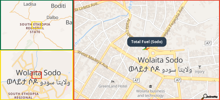 Map showing the address of Total Fuel (Sodo) in three different zoom levels.