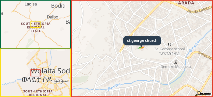 Map showing the address of st.george church in three different zoom levels.