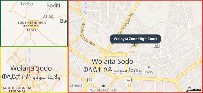 Map showing the address of Wolayta Zone High Court in three different zoom levels.