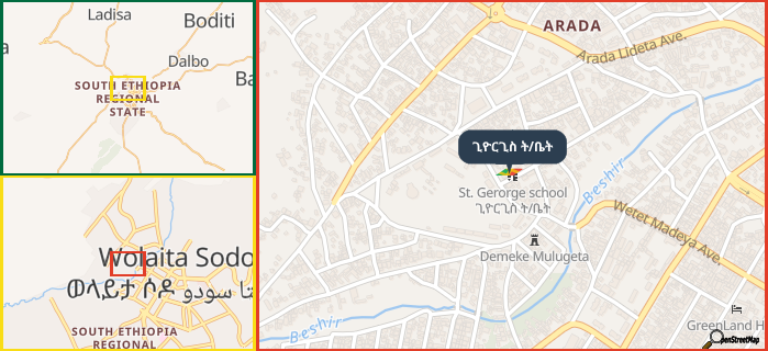 Map showing the address of ጊዮርጊስ ት/ቤት in three different zoom levels.