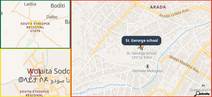 Map showing the address of St. Gerorge school in three different zoom levels.