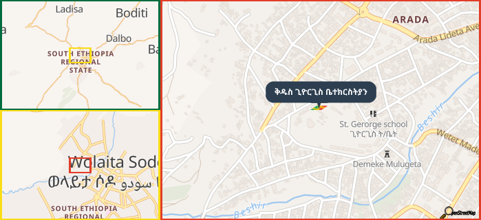 Map showing the address of ቅዱስ ጊዮርጊስ ቤተክርስትያን in three different zoom levels.