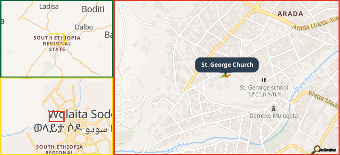 Map showing the address of St. George Church in three different zoom levels.