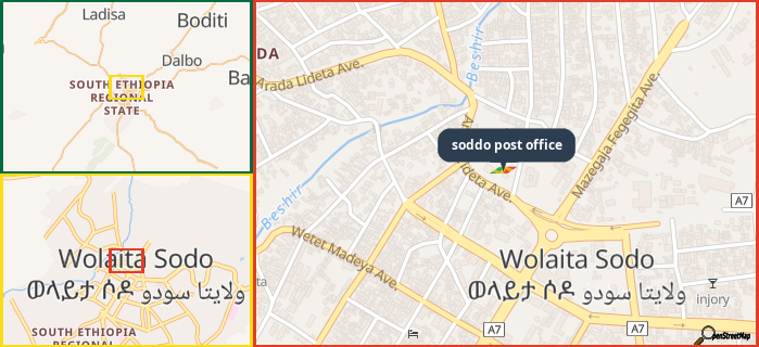Map showing the address of soddo post office in three different zoom levels.