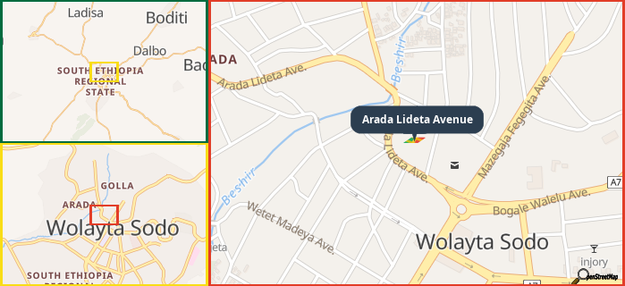 Map showing the address of Arada Lideta Avenue in three different zoom levels.