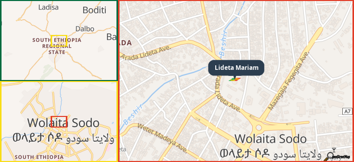 Map showing the address of Lideta Mariam in three different zoom levels.