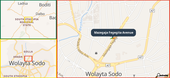 Map showing the address of Mazegaja Fegegita Avenue in three different zoom levels.