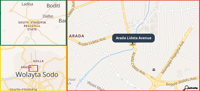 Map showing the address of Arada Lideta Avenue in three different zoom levels.