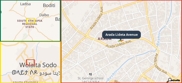 Map showing the address of Arada Lideta Avenue in three different zoom levels.