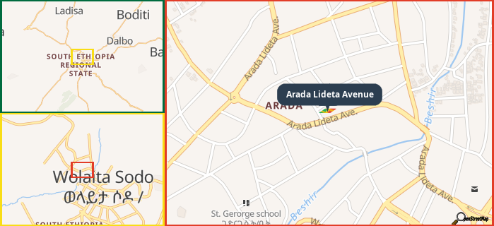 Map showing the address of Arada Lideta Avenue in three different zoom levels.