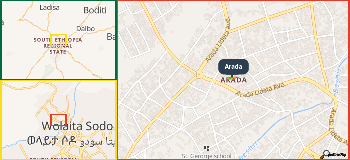 Map showing the address of Arada in three different zoom levels.