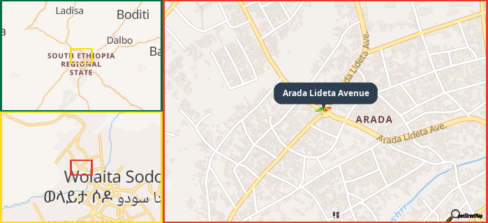 Map showing the address of Arada Lideta Avenue in three different zoom levels.