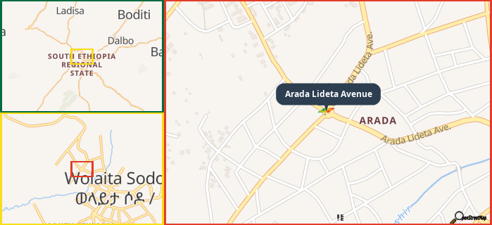 Map showing the address of Arada Lideta Avenue in three different zoom levels.