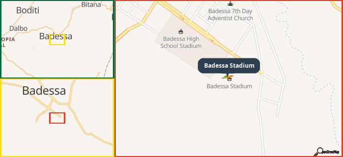 Map showing the address of Badessa Stadium in three different zoom levels.