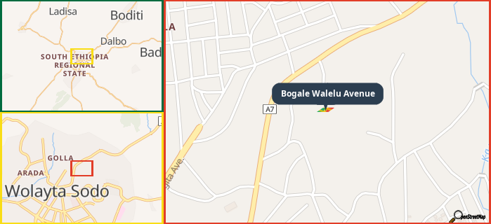 Map showing the address of Bogale Walelu Avenue in three different zoom levels.