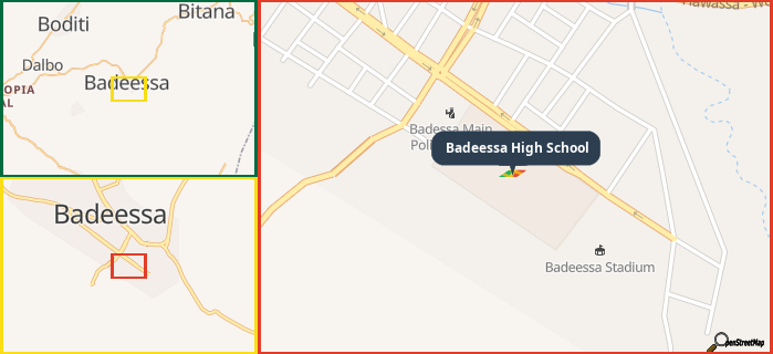 Map showing the address of Badeessa High School in three different zoom levels.