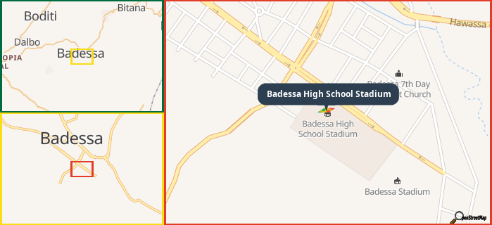 Map showing the address of Badessa High School Stadium in three different zoom levels.
