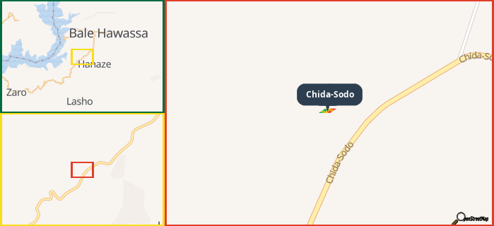 Map showing the address of Chida-Sodo in three different zoom levels.