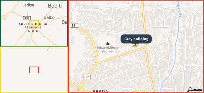 Map showing the address of Grey building in three different zoom levels.