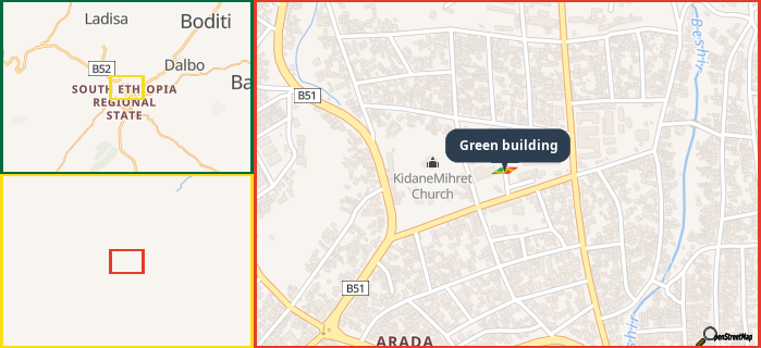 Map showing the address of Green building in three different zoom levels.