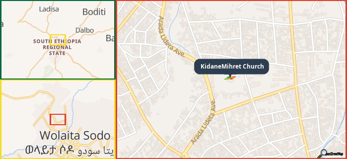 Map showing the address of KidaneMihret Church in three different zoom levels.