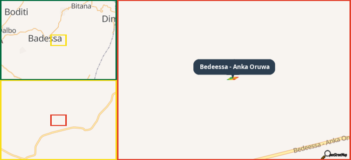 Map showing the address of Bedeessa - Anka Oruwa in three different zoom levels.
