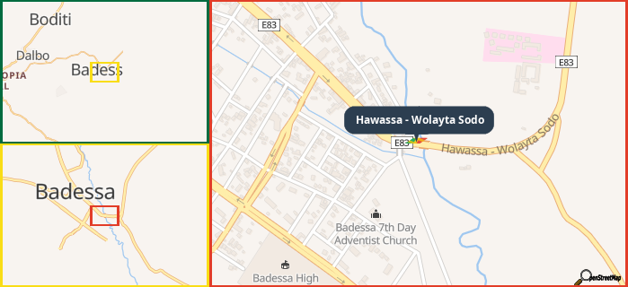 Map showing the address of Hawassa - Wolayta Sodo in three different zoom levels.