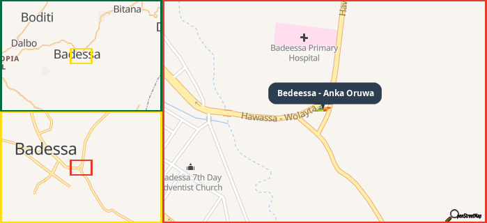 Map showing the address of Bedeessa - Anka Oruwa in three different zoom levels.