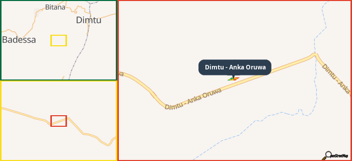 Map showing the address of Dimtu - Anka Oruwa in three different zoom levels.