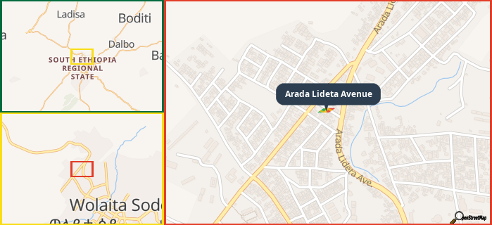 Map showing the address of Arada Lideta Avenue in three different zoom levels.