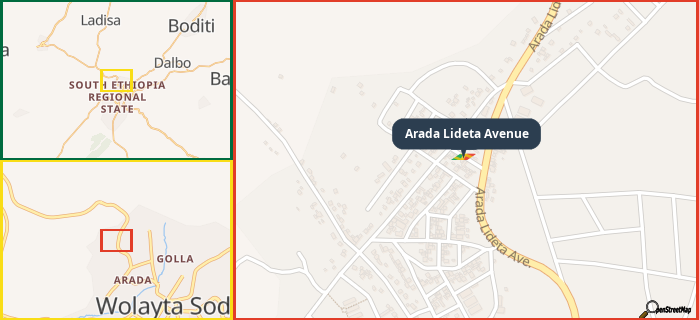 Map showing the address of Arada Lideta Avenue in three different zoom levels.