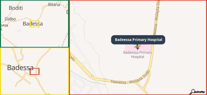 Map showing the address of Badeessa Primary Hospital in three different zoom levels.