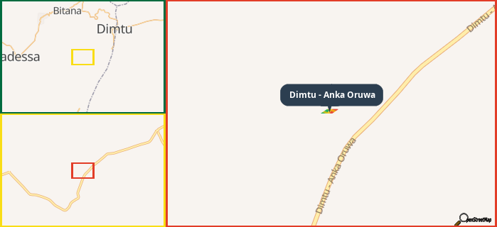 Map showing the address of Dimtu - Anka Oruwa in three different zoom levels.