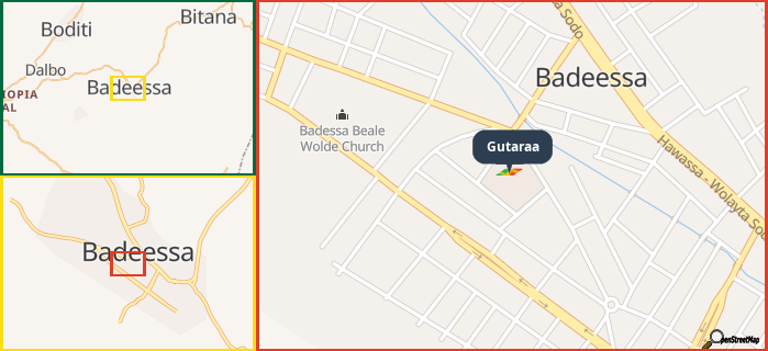 Map showing the address of Gutaraa in three different zoom levels.