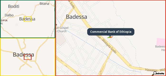 Map showing the address of Commercial Bank of Ethiopia in three different zoom levels.