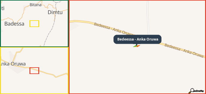 Map showing the address of Bedeessa - Anka Oruwa in three different zoom levels.