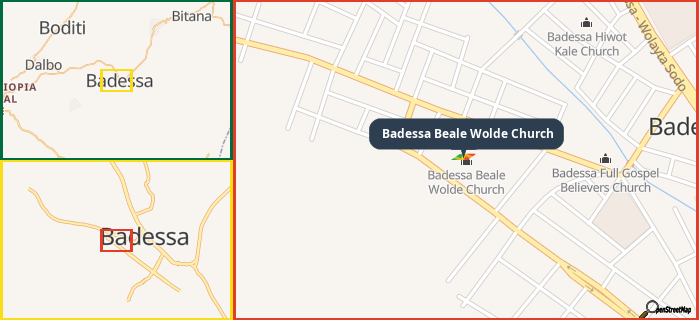 Map showing the address of Badessa Beale Wolde Church in three different zoom levels.