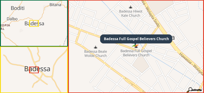 Map showing the address of Badessa Full Gospel Believers Church in three different zoom levels.