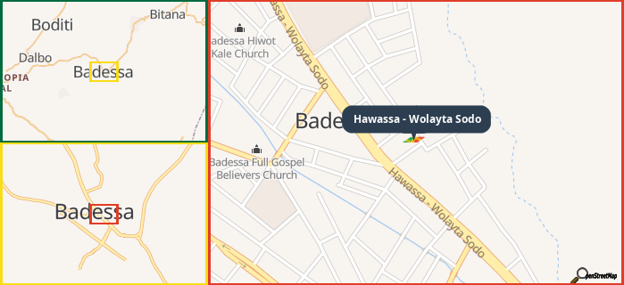 Map showing the address of Hawassa - Wolayta Sodo in three different zoom levels.