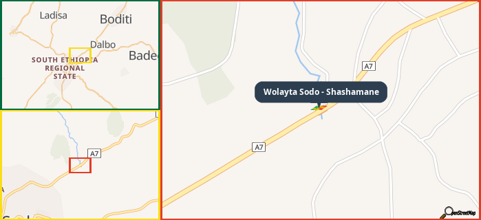 Map showing the address of Wolayta Sodo - Shashamane in three different zoom levels.