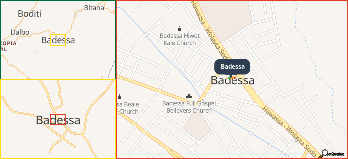 Map showing the address of Badessa in three different zoom levels.
