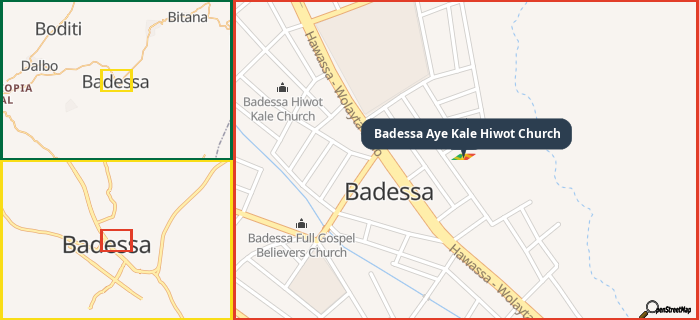 Map showing the address of Badessa Aye Kale Hiwot Church in three different zoom levels.
