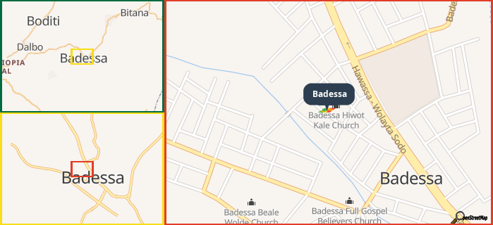 Map showing the address of Badessa in three different zoom levels.
