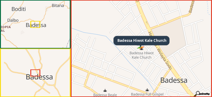 Map showing the address of Badessa Hiwot Kale Church in three different zoom levels.