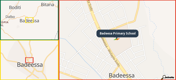 Map showing the address of Badeesa Primary School in three different zoom levels.