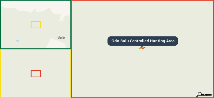 Map showing the address of Odo-Bulu Controlled Hunting Area in three different zoom levels.