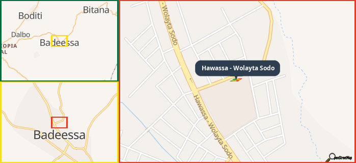 Map showing the address of Hawassa - Wolayta Sodo in three different zoom levels.