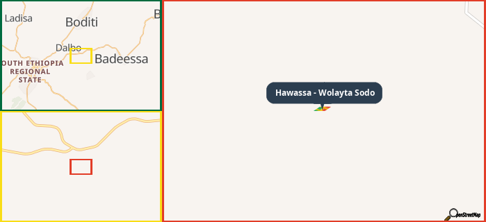 Map showing the address of Hawassa - Wolayta Sodo in three different zoom levels.