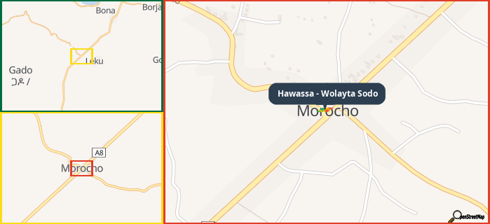 Map showing the address of Hawassa - Wolayta Sodo in three different zoom levels.