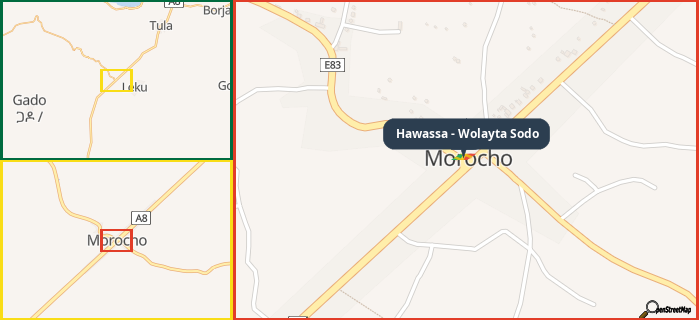 Map showing the address of Hawassa - Wolayta Sodo in three different zoom levels.